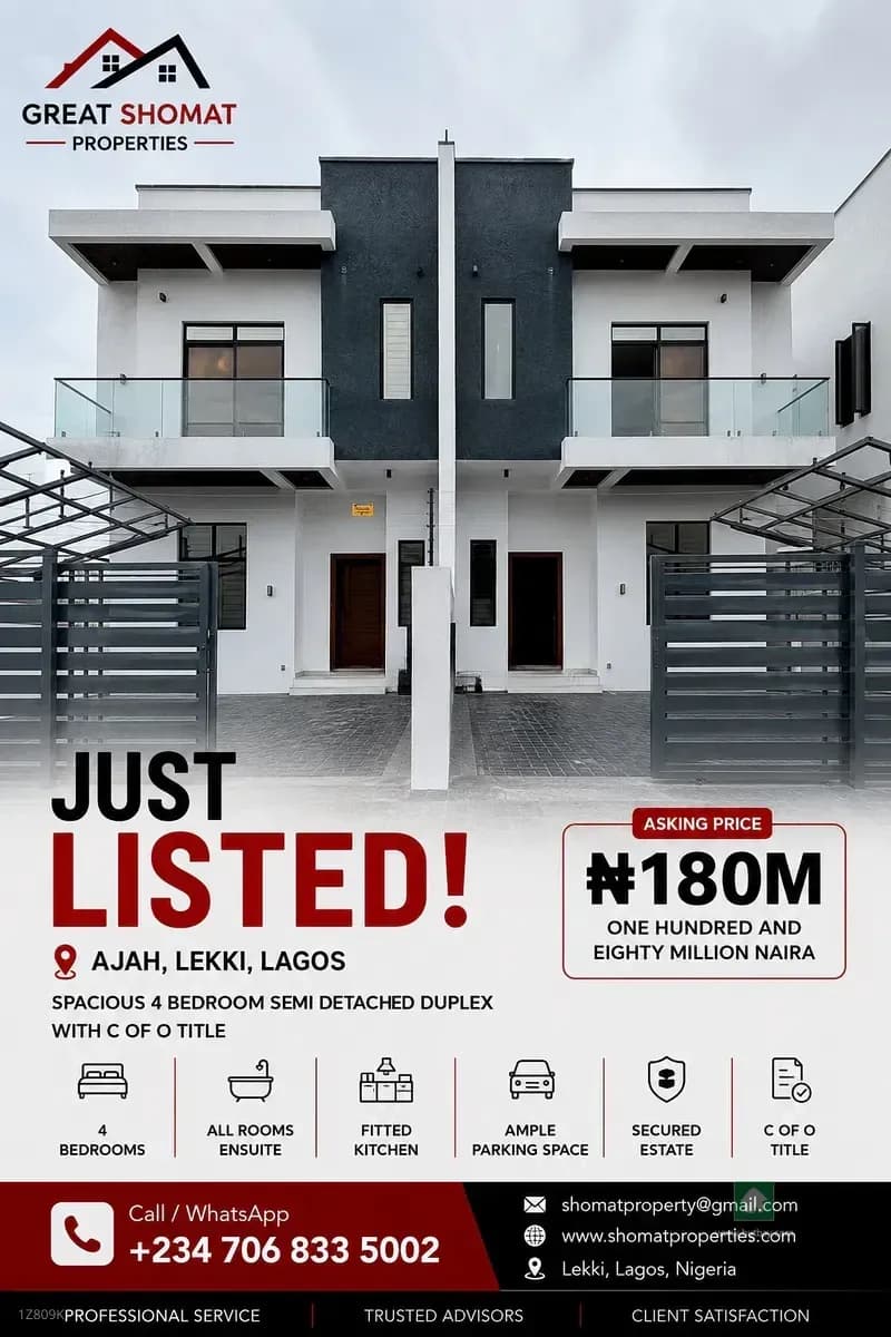 Modern 4-Bedroom Semi-Detached Duplex in Sangotedo, Ajah, Lagos